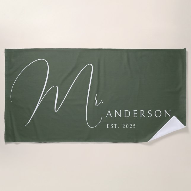 Green Newlyweds Mr Name Personalized Honeymoon Beach Towel (Front)