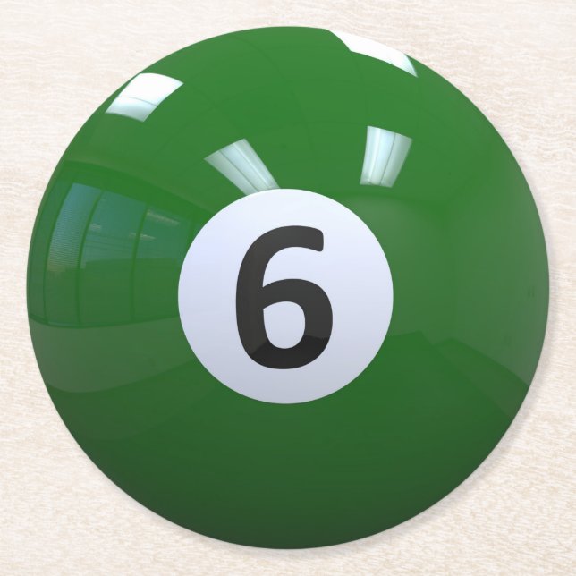 Green No. 6 Billiard Pool Ball Round Paper Coaster (Front)