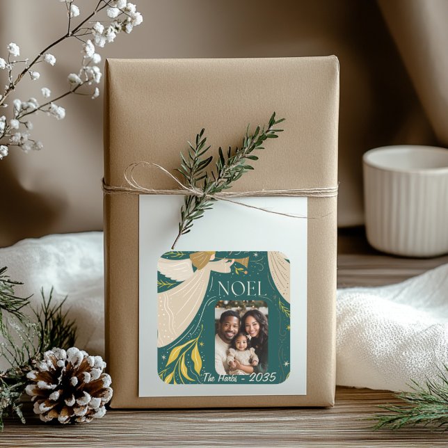 Green Noel Holiday Postcard 2 Square Sticker (Green Noel Holiday Photo Sticker )