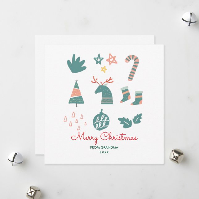 Green Non Photo Cute Simple Christmas Drawings Holiday Card (Front/Back In Situ)