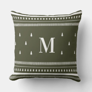 Green Nordic Christmas Trees & Monogram Throw Pillow