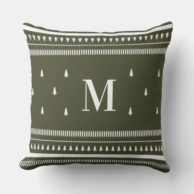 Green  Nordic Christmas Trees & Monogram Throw Pillow (Front)