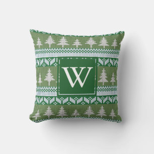 Green Nordic Fir Trees Pattern Monogrammed Throw Pillow