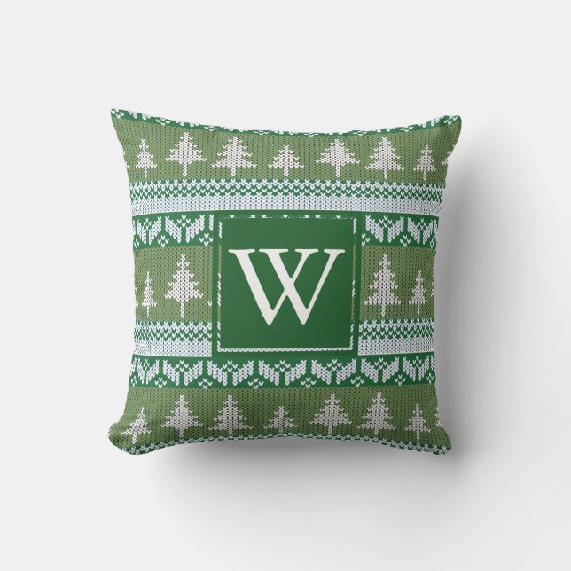 Green Nordic Fir Trees Pattern Monogrammed Throw Pillow (Front)