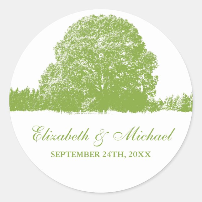 Green Oak Tree Fall Wedding Favour Label (Front)
