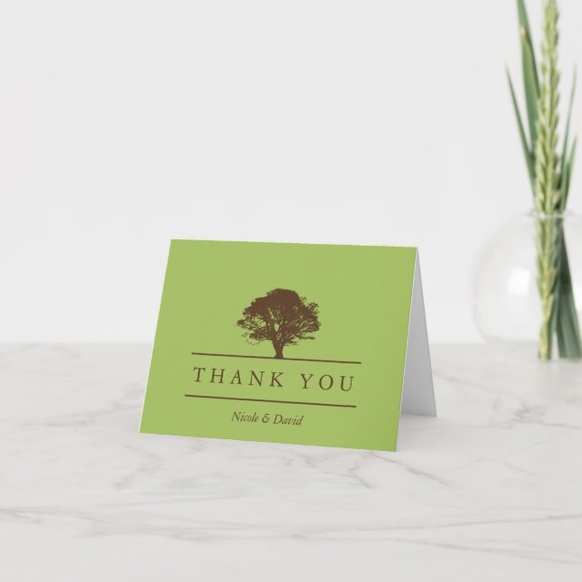 Green oak tree personalized thank you note card (Front)