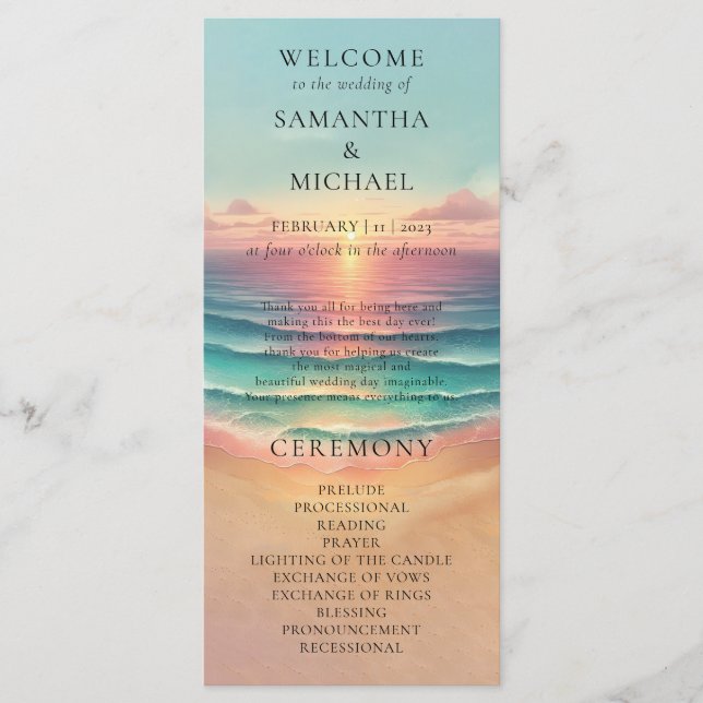 Green Ocean Beach Earthtone Watercolor Sun Wedding Menu (Front)