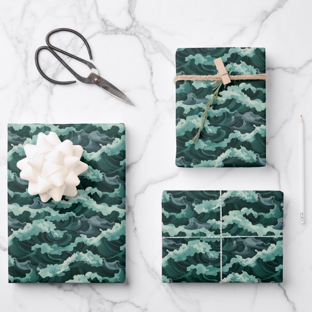 Green Ocean Waves Wrapping Paper Sheet (Front)