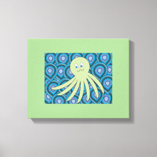 green octo in a swirling sea of blue and green canvas print