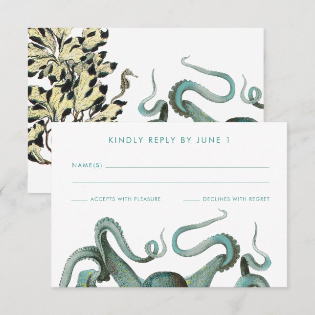 Green Octopus Aquarium Wedding RSVP Card (Front/Back)