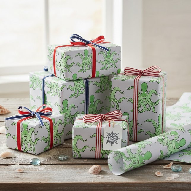 Green Octopus Character Quirky Sea Monster Wrapping Paper (Creator Uploaded)