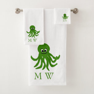 Green Octopus Design Monogrammed Bath Towel Set