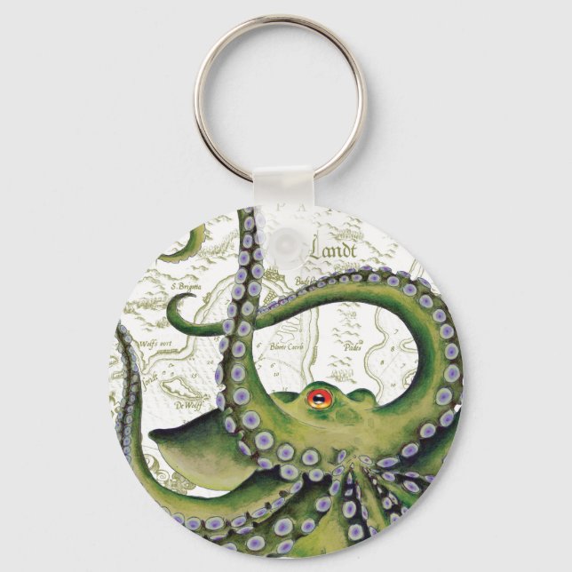 Green Octopus Vintage Map White Keychain (Front)