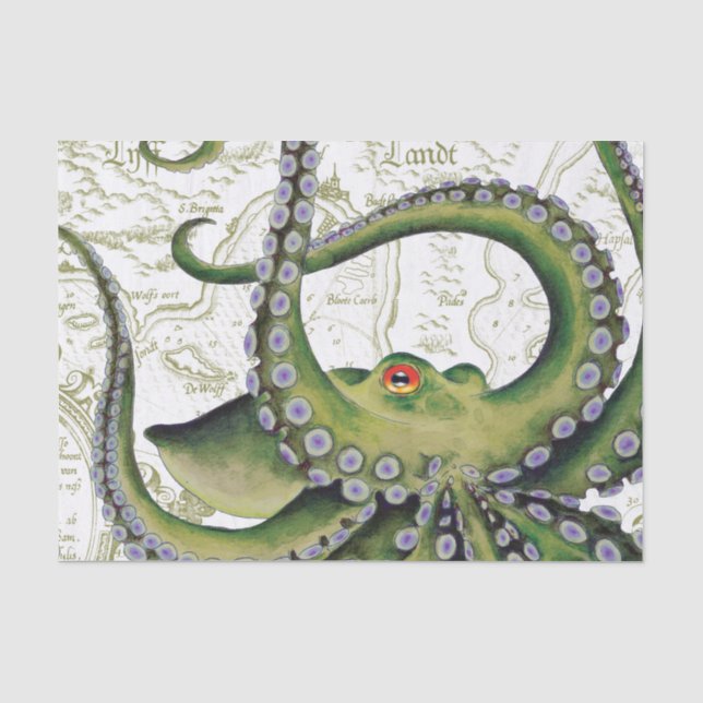 Green Octopus Vintage Map White Tissue Paper (Front)
