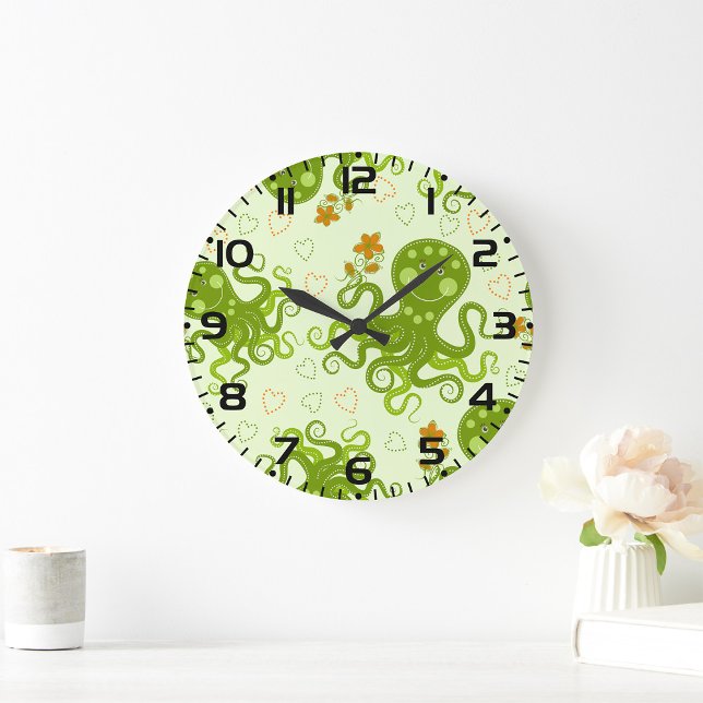 Green Octopuses With Flowers Large Clock (Creator Uploaded)