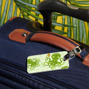 Green Octopuses With Flowers Luggage Tag