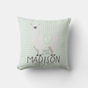 Green & Off-White Llama Birth Stats Throw Pillow