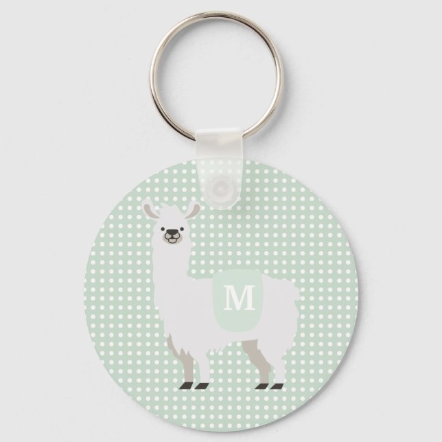 Green & Off-White Polka Dot Cute Llama Keychain (Front)