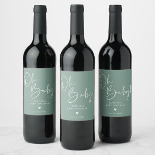 Green Oh Baby Modern Boho Baby Shower Wine Label
