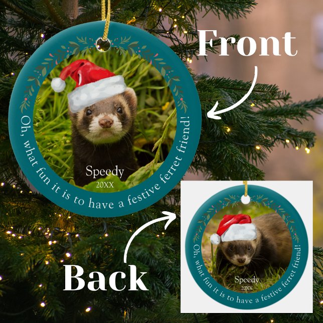 Green Oh, What Fun Ferret Pet Christmas Ceramic Ornament (Creator Uploaded)