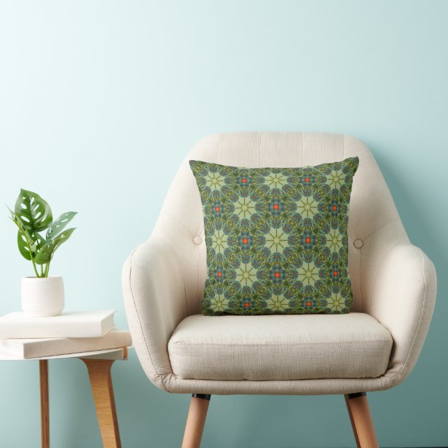 Green old-fashioned pattern with Blue Flowers Throw Pillow (Chair)