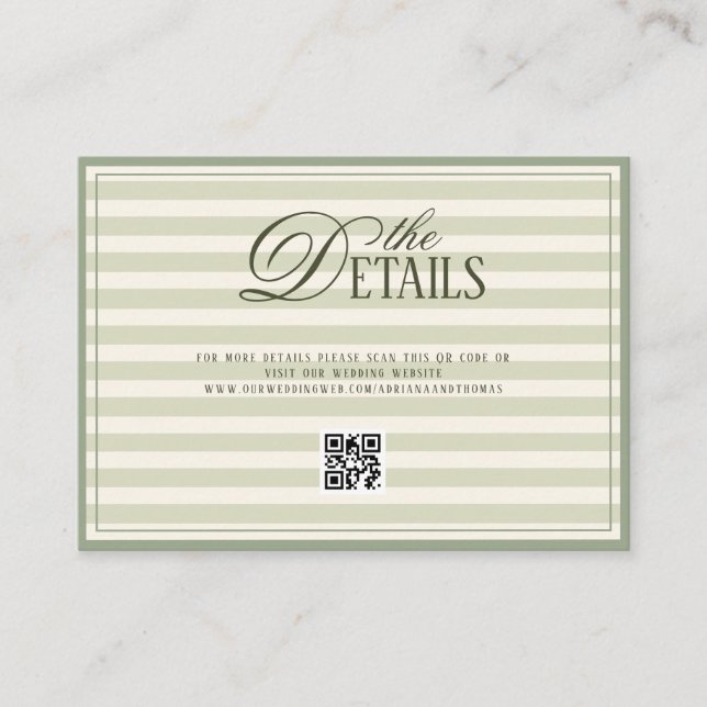 Green Old Money Wedding QR code Details Enclosure Card (Front)