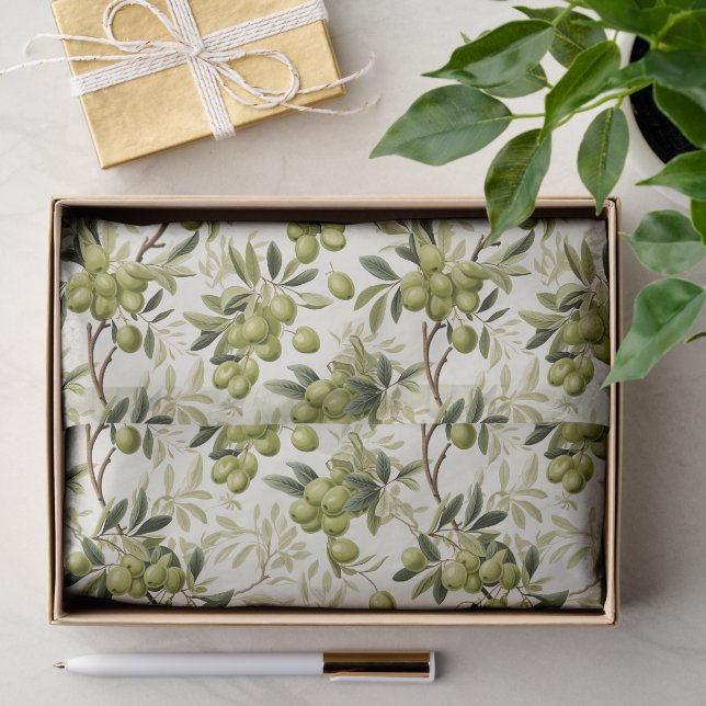 Green Olive Branch Mediterranean Pattern Tissue Paper (Gift)