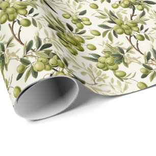Green Olive Branch Mediterranean Pattern Wrapping Paper