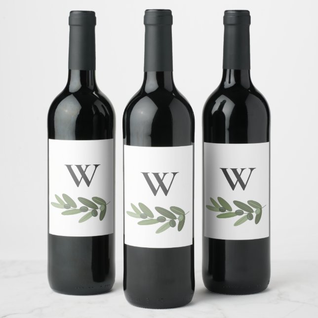 Green olive branch  monogram wine label (Bottles)