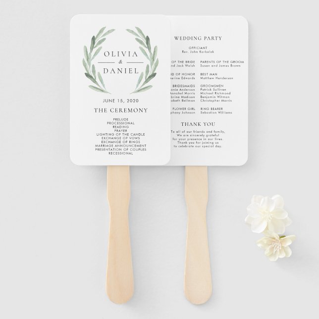 Green Olive Branch Wreath Rustic Wedding Program Hand Fan (Front and Back)