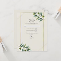 Green Olive Leaf Bone White & Gold Rustic RSVP