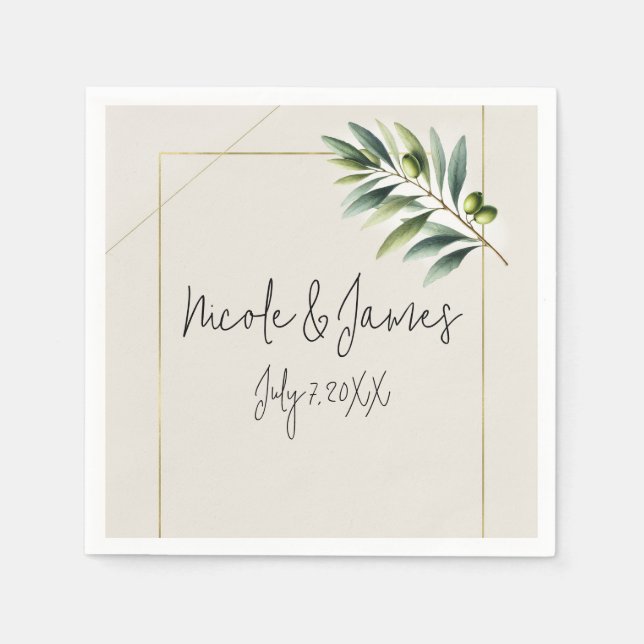 Green Olive Leaf Bone White & Gold Rustic Wedding Napkin (Front)