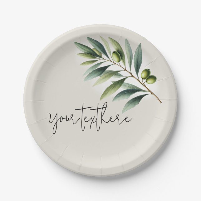 Green Olive Leaf Bone White & Gold Rustic Wedding Paper Plate (Front)