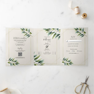 Green Olive Leaf Bone White & Gold Rustic Wedding Tri-Fold Invitation