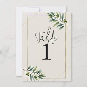 Green Olive Leaf Bone White & Gold Table Number