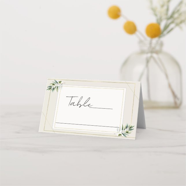 Green Olive Leaf Bone White & Gold Table Seating Place Card (Front)