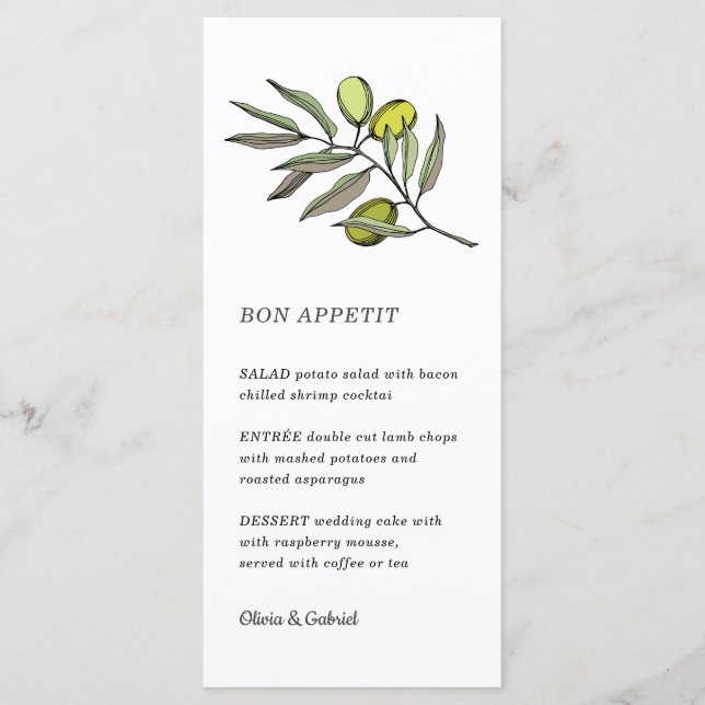 Green Olive. Simple modern wedding Menu (Front)