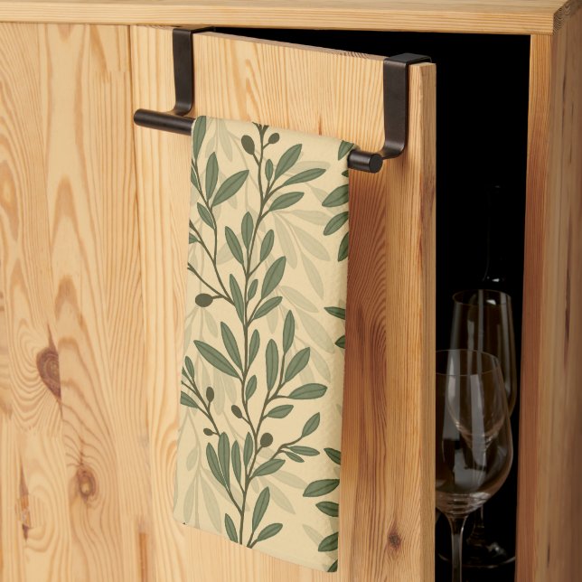 Green Olive Tree Branch Mediterranean Pattern Kitchen Towel (Thirds Fold)