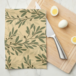 Green Olive Tree Branch Mediterranean Pattern Kitchen Towel