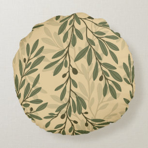 Green Olive Tree Branch Mediterranean Pattern Round Pillow