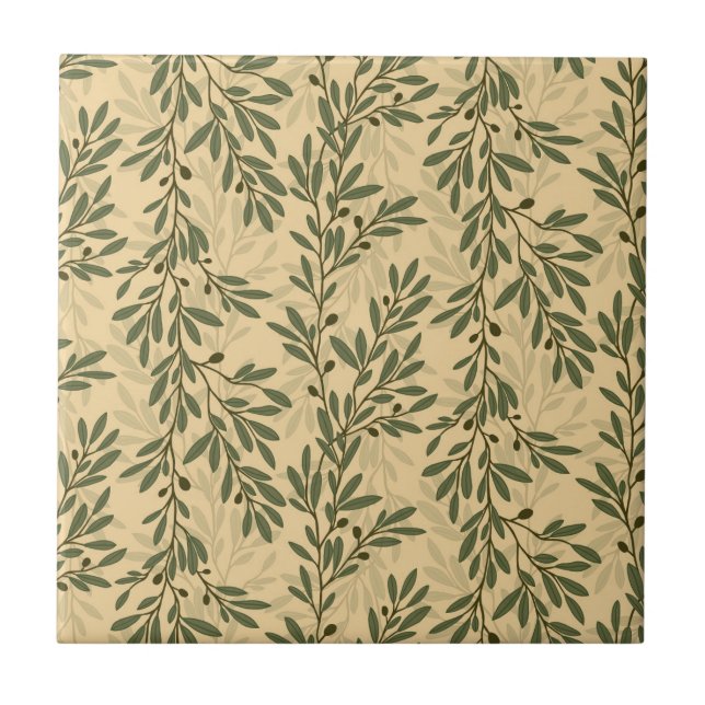 Green Olive Tree Branch Mediterranean Pattern Tile (Front)