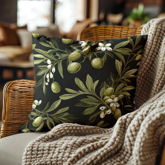 Green Olives Leaves Black Elegant Botanical  Throw Pillow