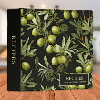 Green Olives Leaves Black Elegant Recipe Cookbook Binder