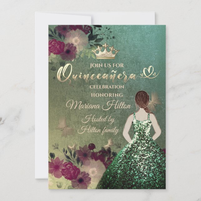 Green ombre butterfly floral garden Quinceañera  Invitation (Front)