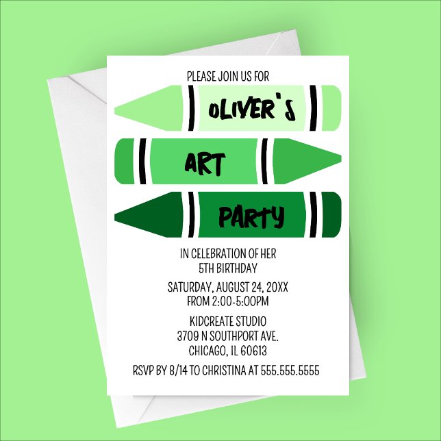 Green Ombre Crayons Art Birthday Party Invitation (Green Ombre Crayon Art Party Birthday Invitation)