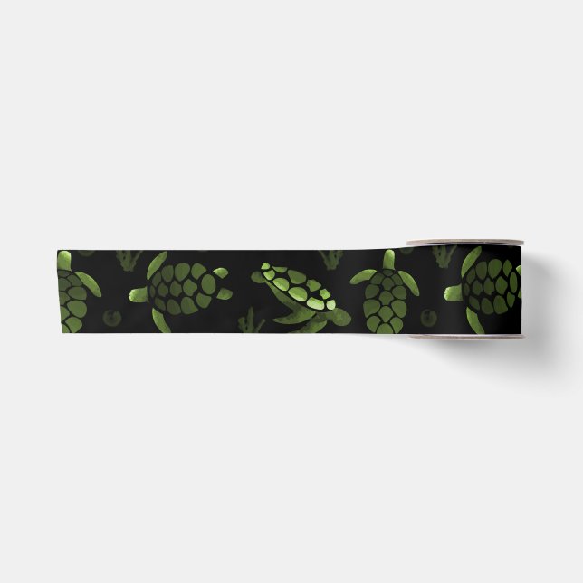 Green Ombre Watercolor Sea Turtle Print Satin Ribbon (Front)