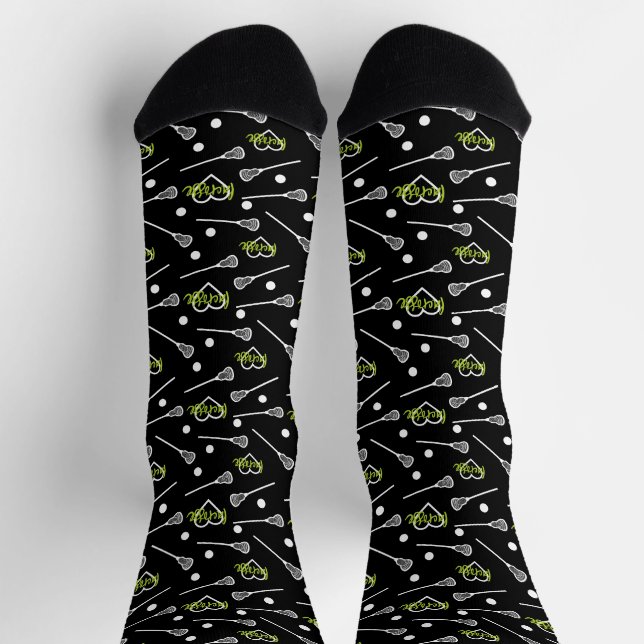 Green on Black Lacrosse Sticks & Hearts Pattern Socks (Top)