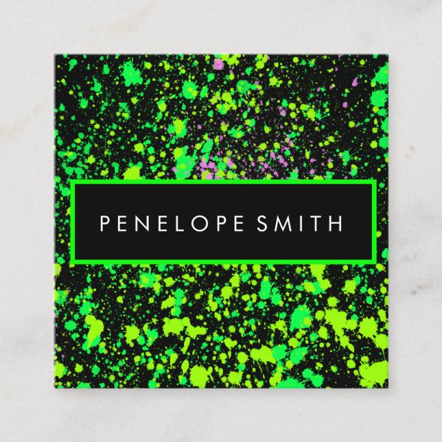 Green on Black Paint Splatter   Square Business Card (Front)