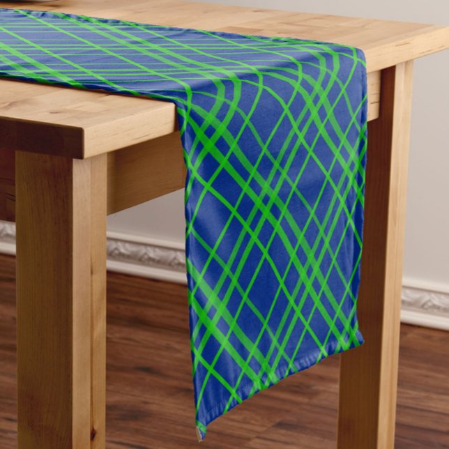 Green On Blue Tartan Plaid Pattern Design  Short Table Runner (Creator Uploaded)