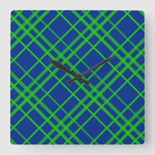 Green On Blue Tartan Plaid Pattern Design  Square Wall Clock